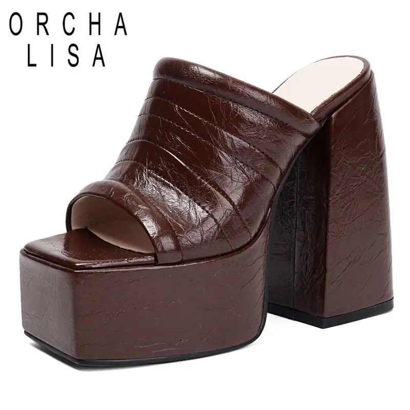 

ORCHA LISA 2025 Модные женские сандалии с квадратным носком на массивном каблуке 14 см на платформе Hill 5 см без шнуровки Мюли большой размер 42 43 Туфли для свиданий