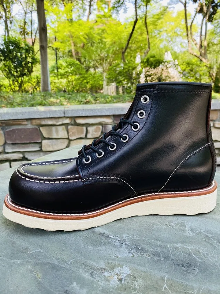 British Style Genuine Leather Round Toe Lace-Up Men Boots Hard Wearing Cowhide Mid Heel Solid Color Comfortable High Top Shoes