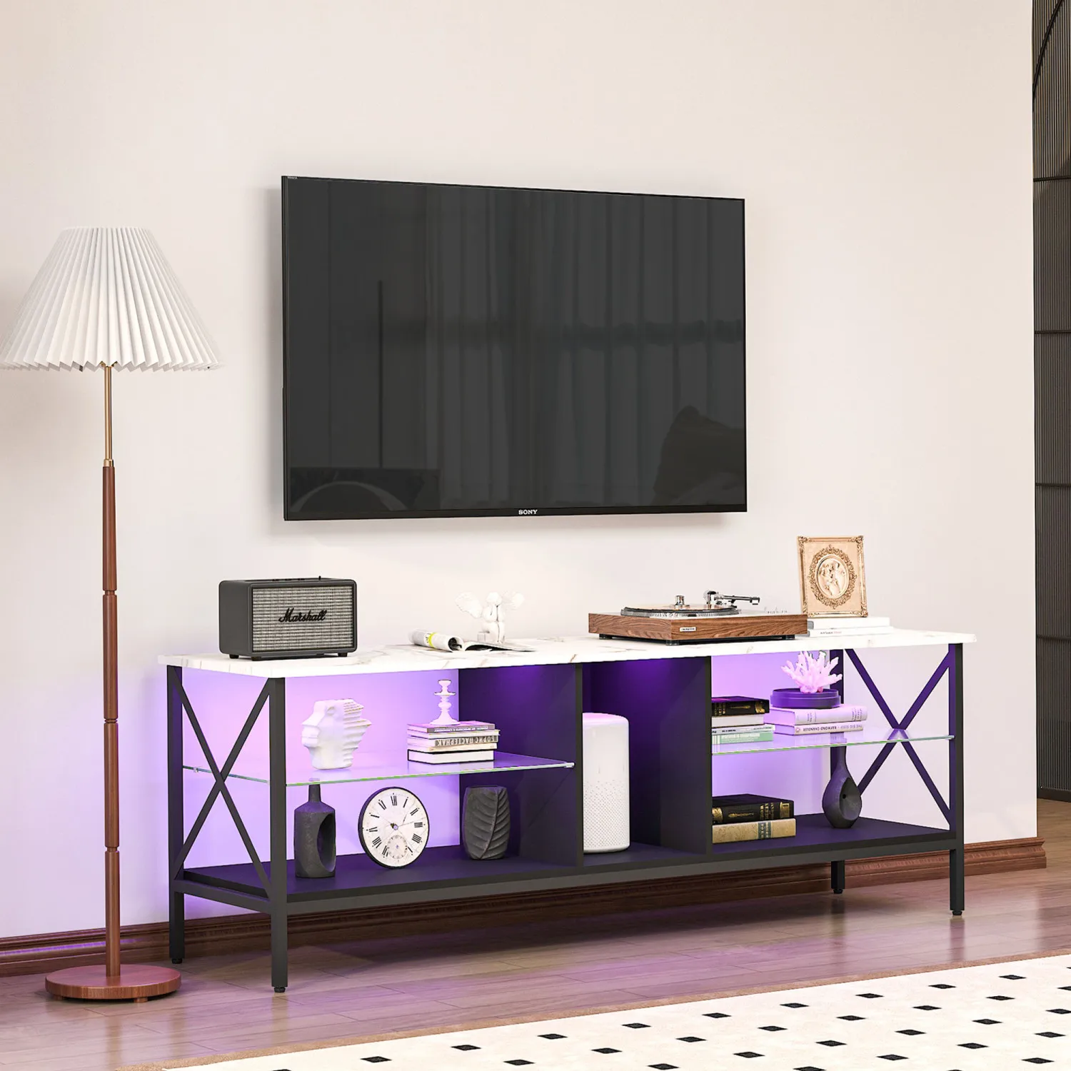 TV stand,Iron TV cabinet,entertainment center, TV set, media console, with LED lights, remote control,toughened glass stand,can