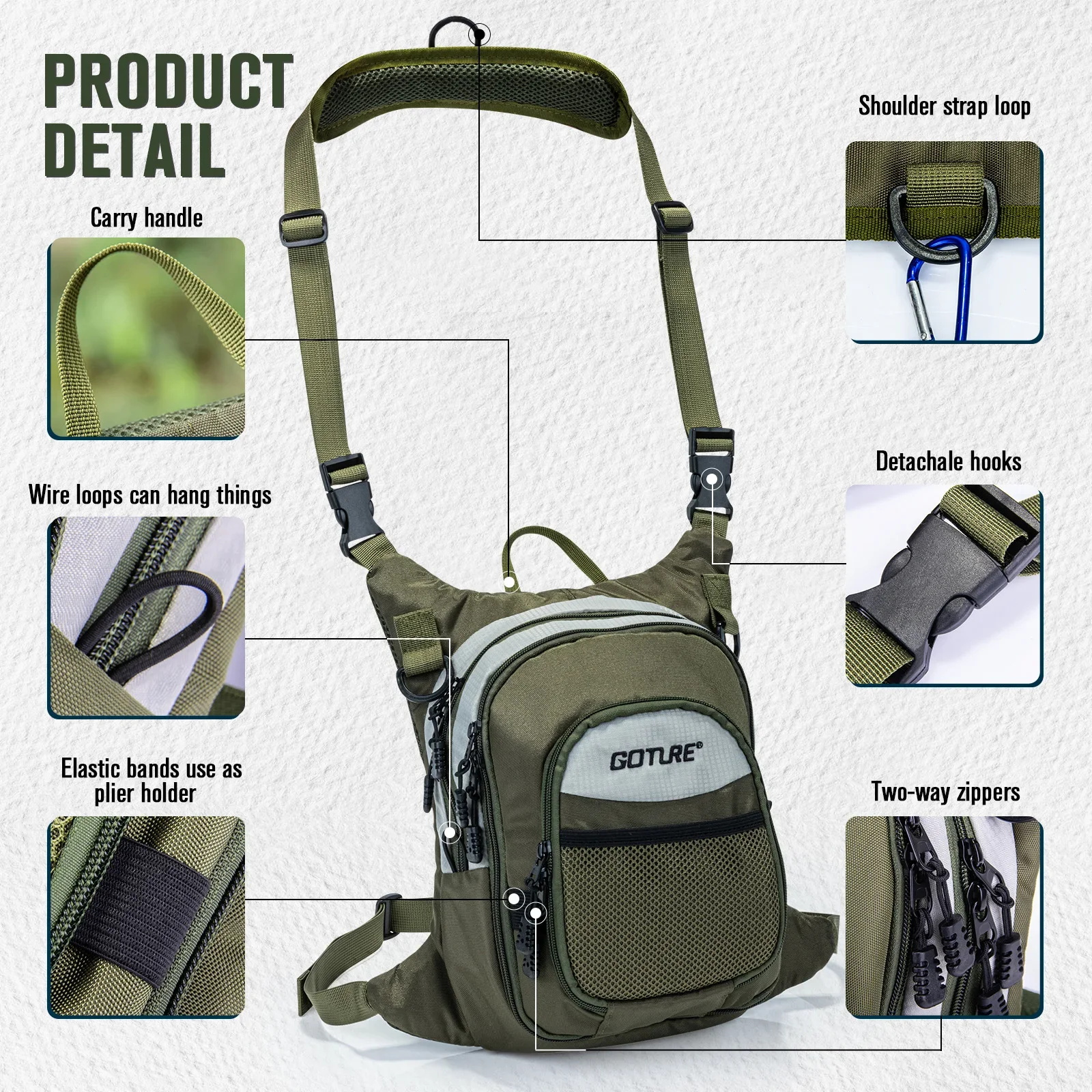 Goture 100% Polyester Fly Fishing Bag Fishing Chest Ultra Light Multiple Pockets Fishing Tool Accessory Bag Outdoor Sling Bags