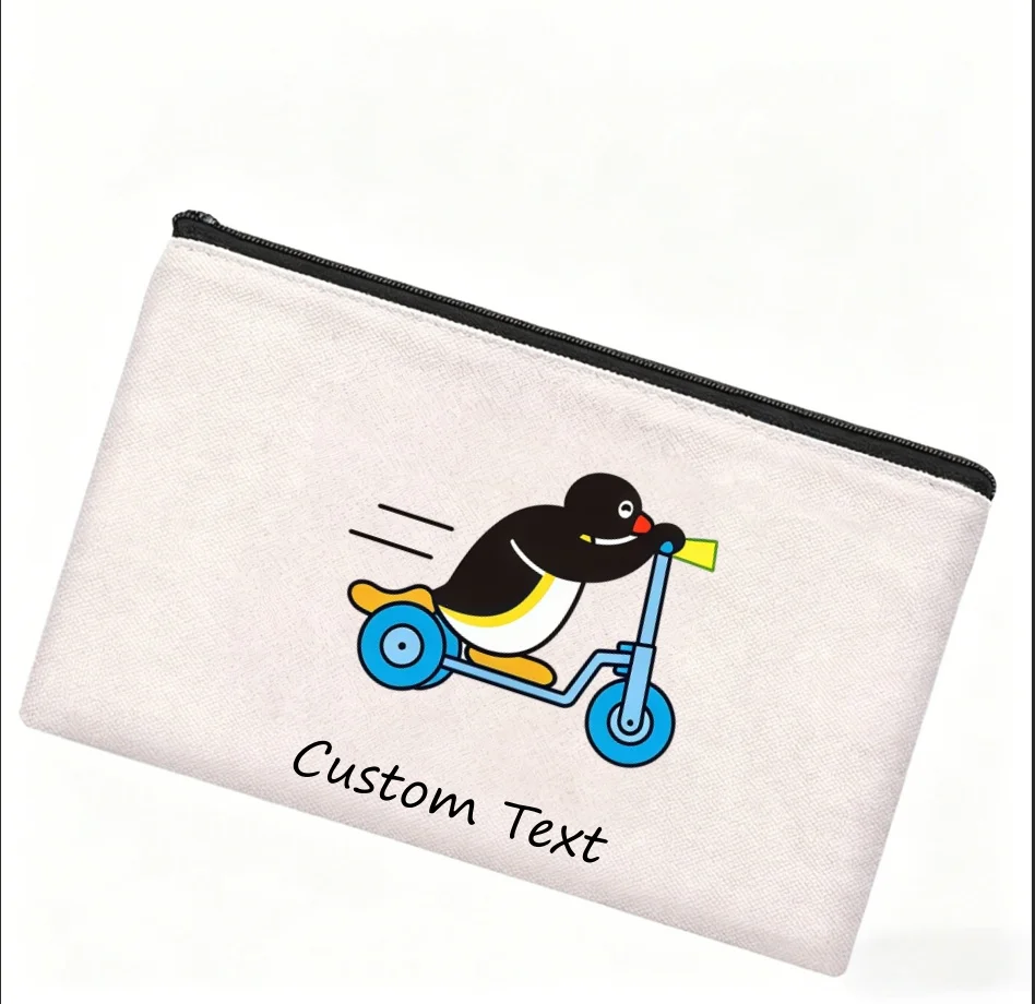 1PC Custom Text Cute Penguin Riding Scooter Canvas Cosmetic Bag Zipper Makeup Pouch Portable Storage Purse