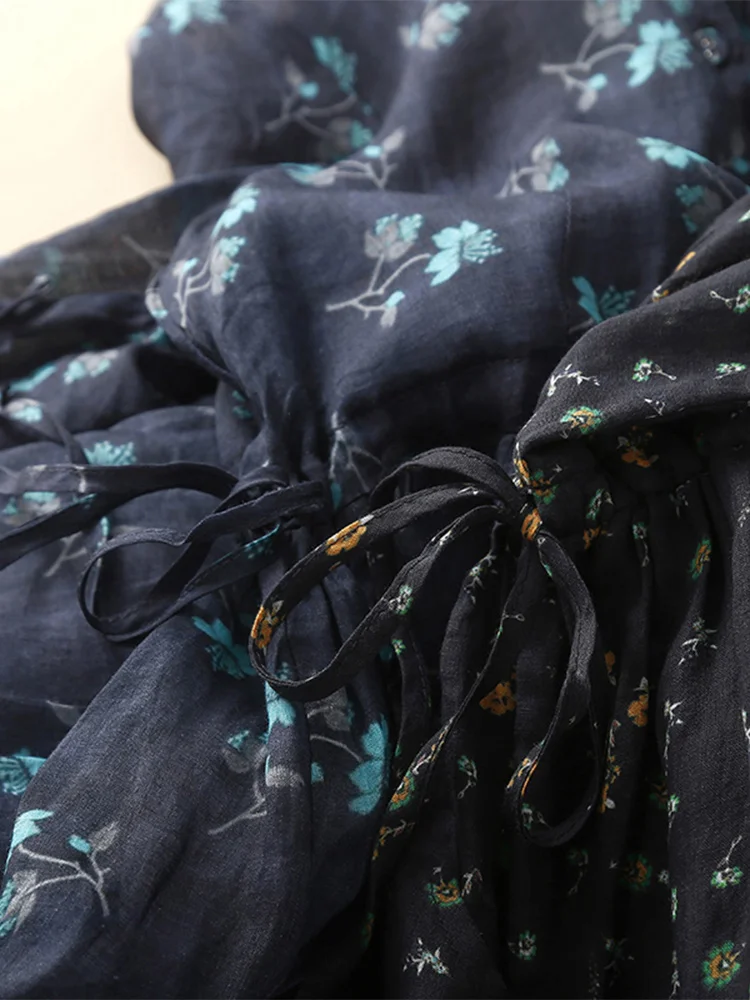 スリムフィット Vネック コットンリネン レディース Aラインスカート または Sve ミドル丈ガウン 花柄プリント 快適なゆったりウエスト