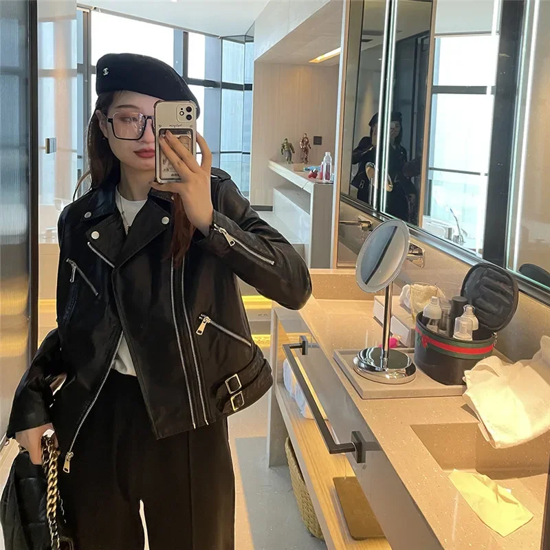 슬림 짧은 가짜 가죽 코트 봄 여성 Streetwear 한국어 베이지 핑크 블랙 옷깃 긴 소매 자른 오토바이 타는 사람 자켓