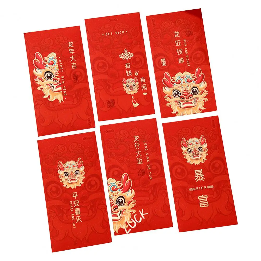 6Pcs Red Envelope 2024 Dragon Year Red Envelopes Cartoon Design Spring Festival Red Bag for Chinese New Year Festive Gifts