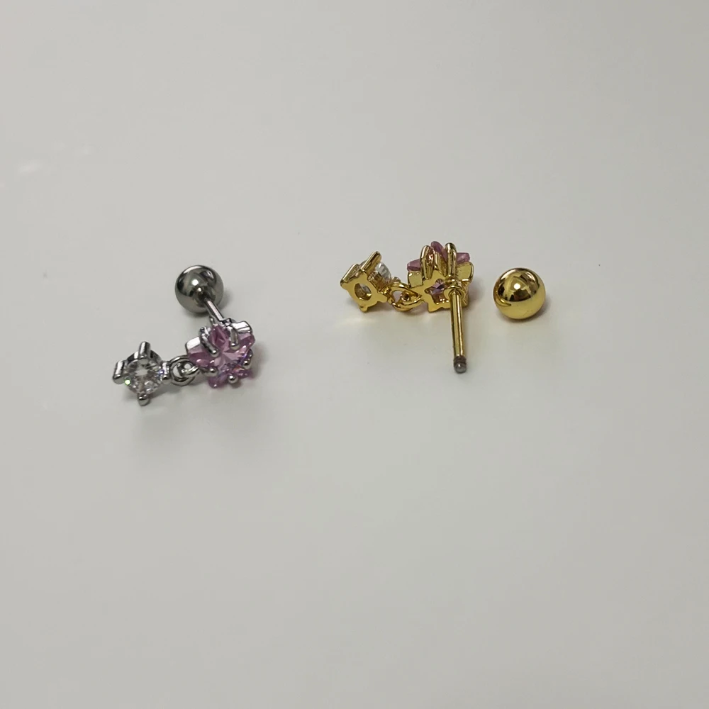 Cute Small Copper Pink Star Round Zircon Drop Earring Women Steel Helix Screw Bar Ear Cartilage Piercing Cuff Jewelry 1 PCS