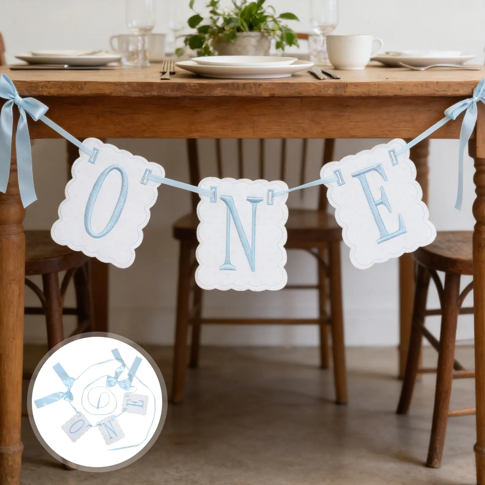 First Birthday High Chair Banner Blue White Bow Embroidered Butterfly One Year Birthday Decorations Hightchair Banner