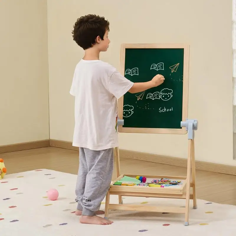 

Art Easel for Kids, 2-in-1 Wooden Double-Sided Kid's Art Easel with Magnetic Whiteboard & Chalkboard, Adjustable Standing Rotatable Foldable Drawing Board with Painting Accessories for Boy Girl