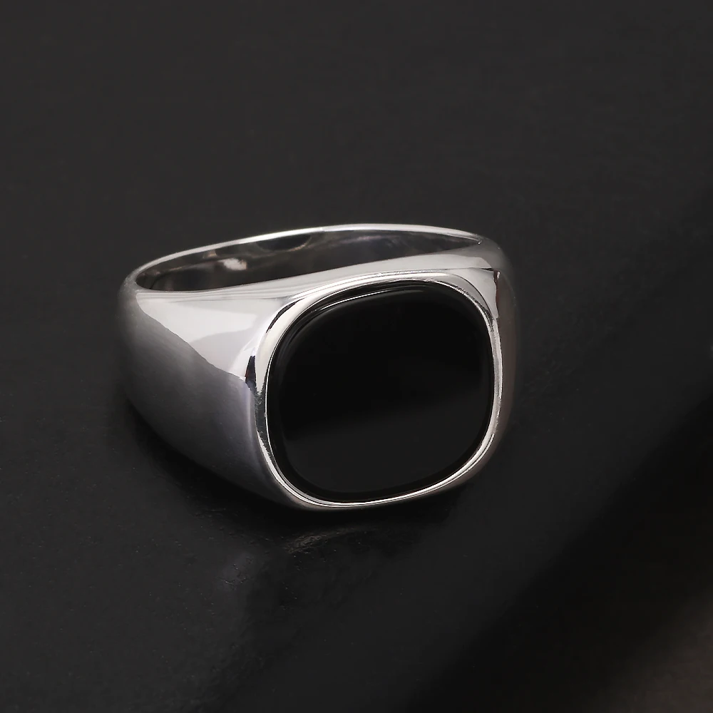 Bague chevalière en argent Sterling S925 pour hommes, Onyx noir, tendance, rétro, lisse, Punk Rock, bijoux de fête, bague Pinky, accessoires de mariage