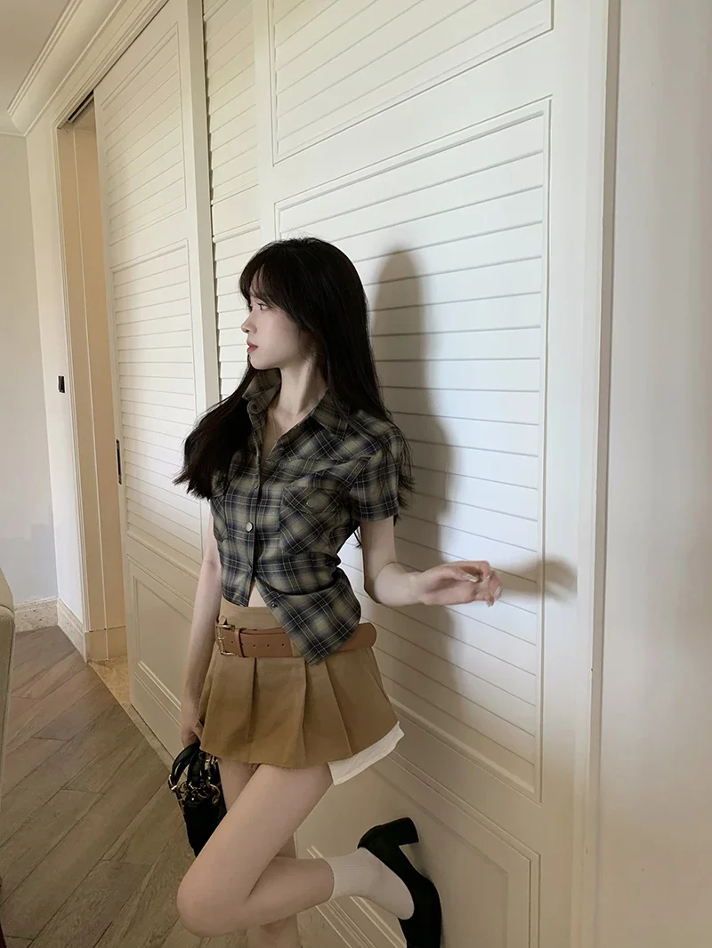 2025 Blusas Muje De Moda Camicetta estiva per donna Slim Fit Camicie scozzesi vintage Manica corta Tasca Camicette casual Top Femme