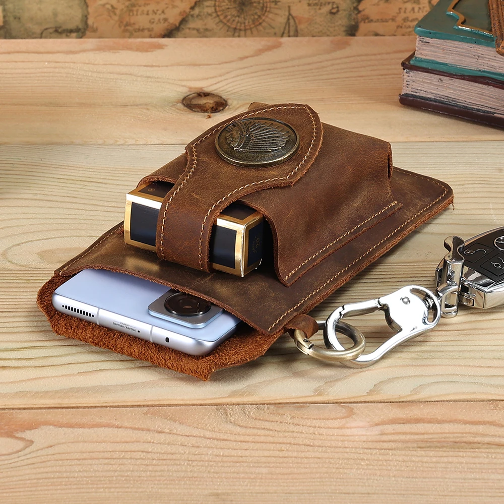 Riñoneras con cinturón de cuero genuino para hombre, funda para teléfono Retro portátil multifuncional, bolso para cigarrillos con llavero, regalo de cuero