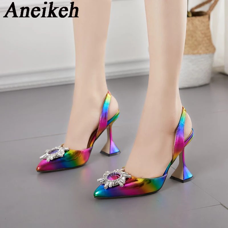 Aneikeh-Sapatos de salto alto femininos, dedo apontado, diamante, cristal, arco-íris, bombas de casamento feminino, moda verão