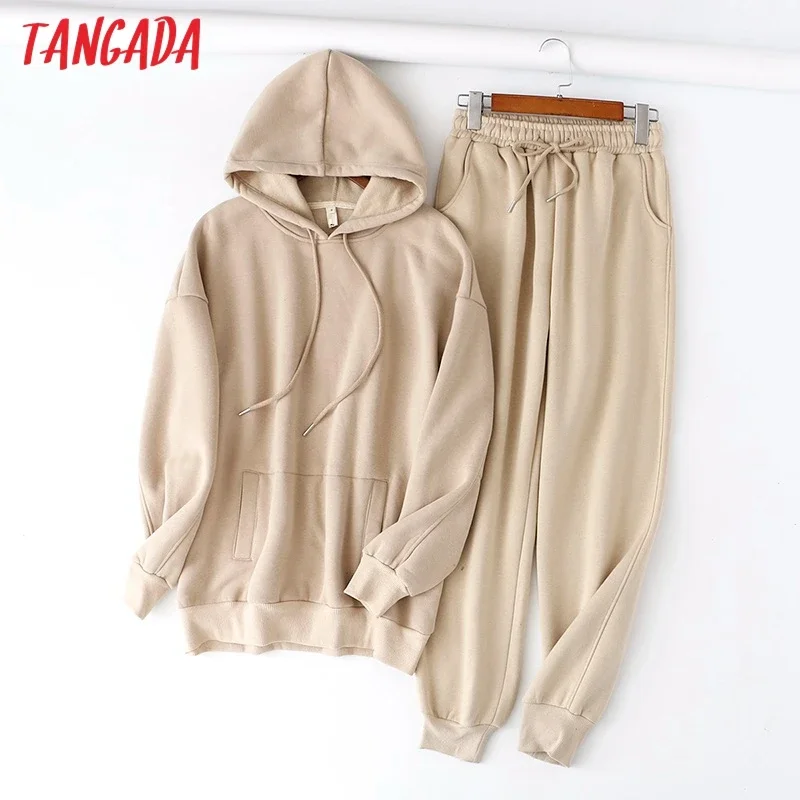 Tangada 2022 Autumn Winter Women Warm Green tracksuit thick fleece cotton suit 2 pieces sets hoodies sweatshirt pants suits 6L17