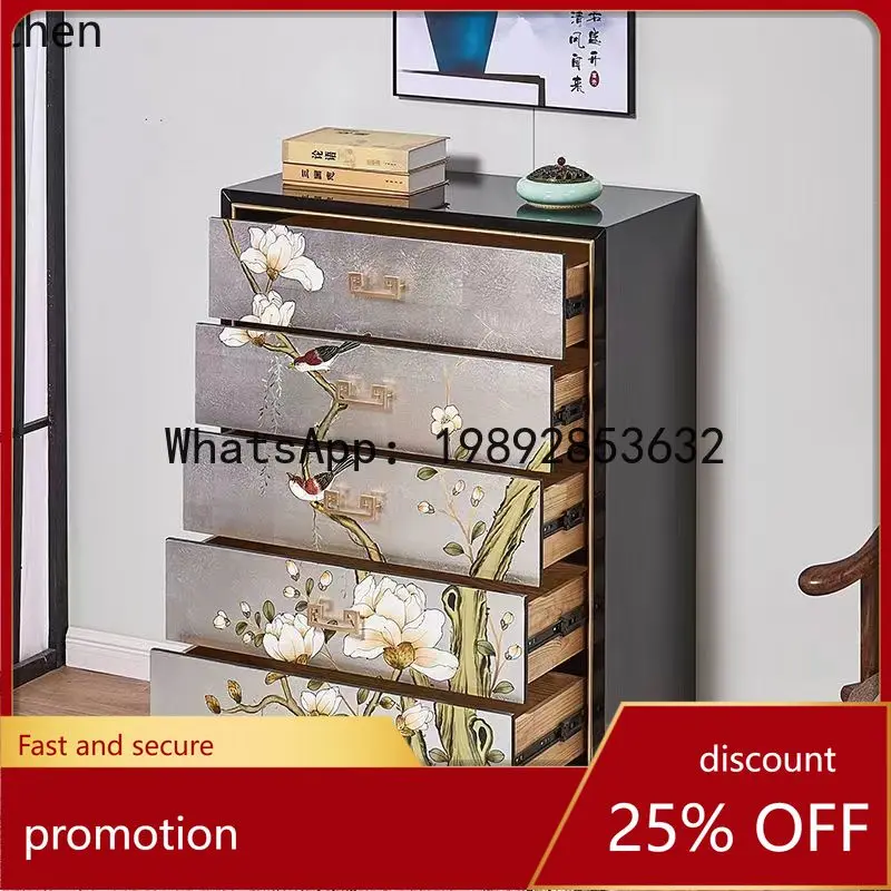 YFY  Painted Solid Wood Living Room Five-Drawer Cabinet American Silver Foil Storage Cabinet Bedroom Drawer Decorative Cabinet