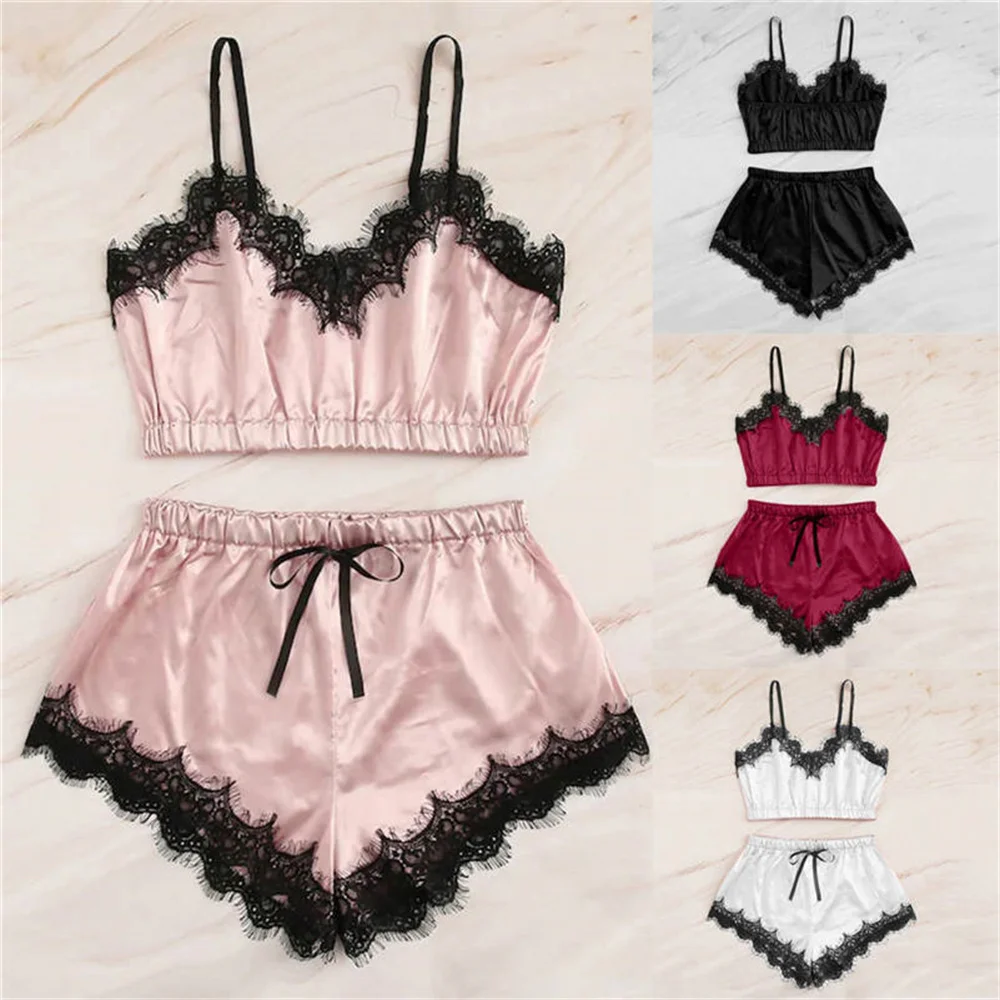 Women Pajama Suit Fashion V-Neck Lace Stretch Satin Babydoll Lace Sexy Lingerie Bowknot Pyjamas Sleep Shorts Set Sleepwear New