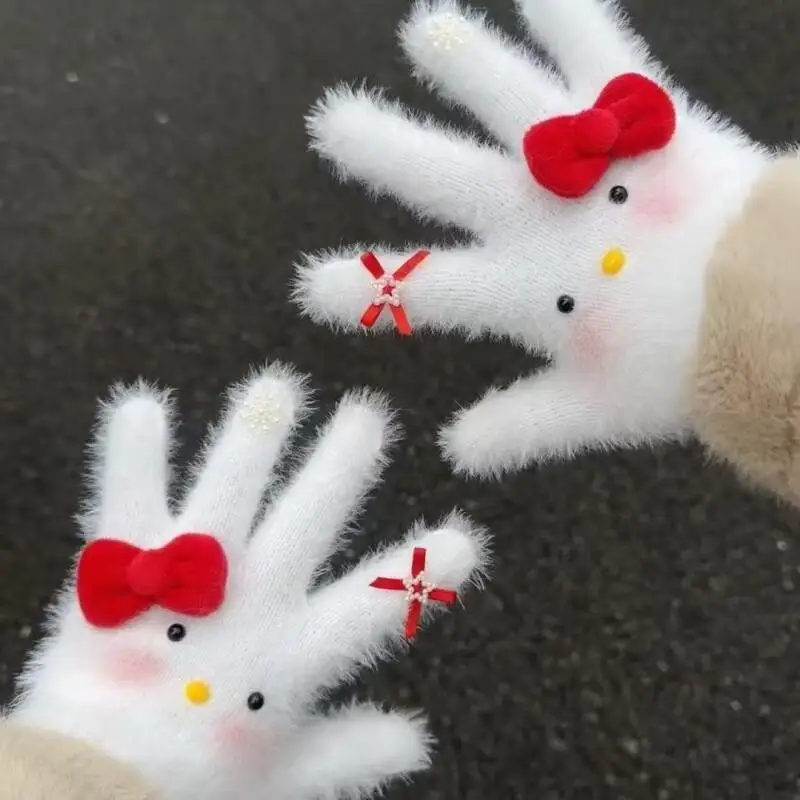 1Pair Sanrio Hello Kitty Winter Coral Plush Gloves Red Butterfly Cute Student Keep Warm Glove Suitable Women In Winter Cycling