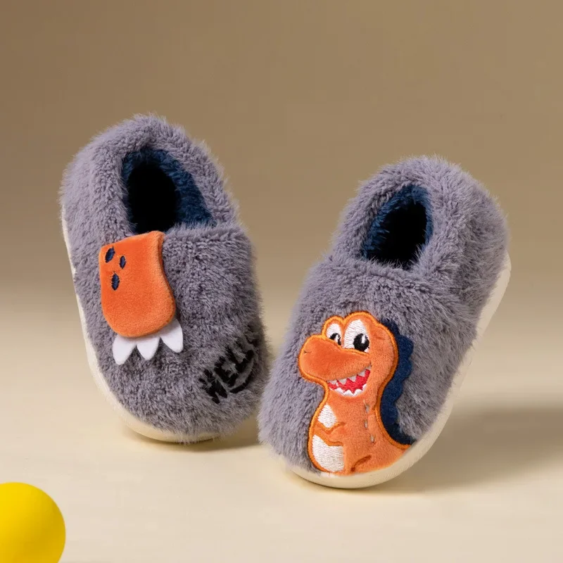 New Winter Children\'s Shoes Warm Cute Boys Cartoon Dinosaur Cotton Slippers Warm Versatile Kids Causal Home Girls Plush Slippers