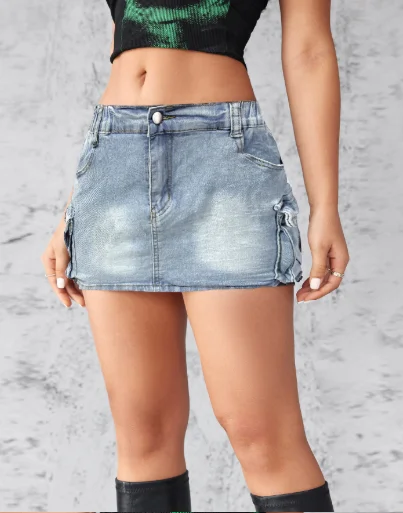 Women's Washed Denim Cargo Mini Skirt High Waist Elastic Back Waistband Side Flap Pockets Faded Skirt Casual Y2K Streetwea