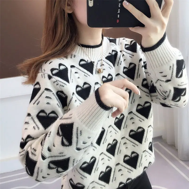 Simplicity Casual Autumn/Winter Women\'s Sweaters O-Neck Jacquard Weave Contrast Color Fashion Long Sleeve Pullovers Knitted Tops