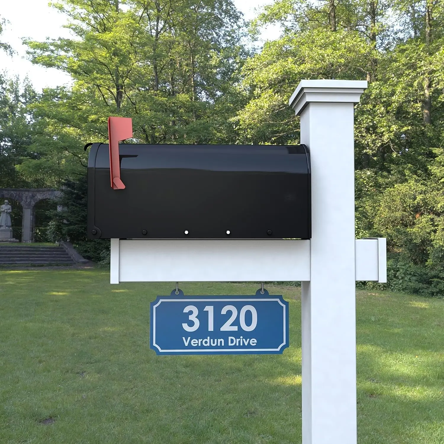 White Vinyl Mailbox Post System with Black Steel Mailbox (Blue, Standard)