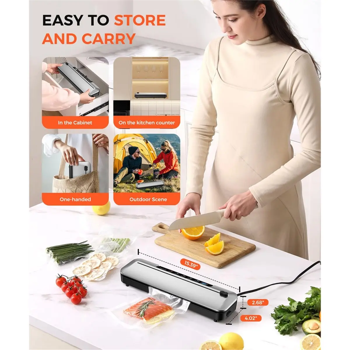STOCK- Vacuum Sealer Machine Food with 6-in-1 Dry/Moist Modes, Compact Design, Built-in Cutter + 10 Plug