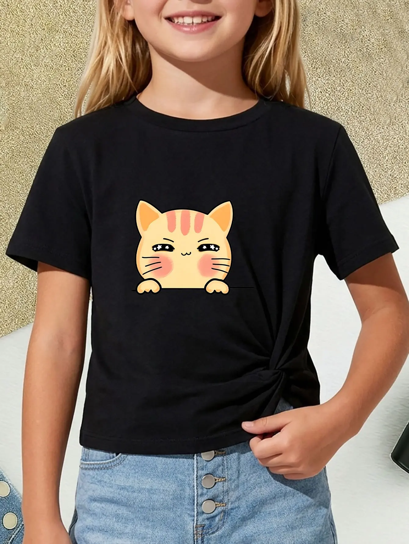 Adorable Blushing Peekaboo Ginger Kitten Graphic T Shirt Boys Girls Casual Short Sleeve Tee Family Matching Kids Cotton Tops