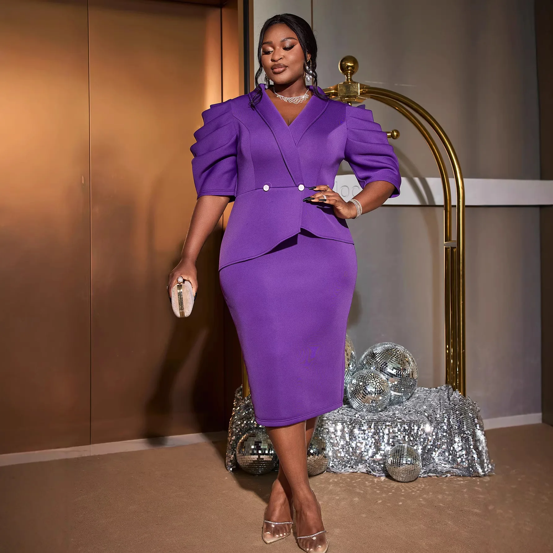 

2026 Spring Summer Fashion African Women Short Sleeve V-neck Purple Plus Size Midi Dresses Dashiki African Dresses for Women