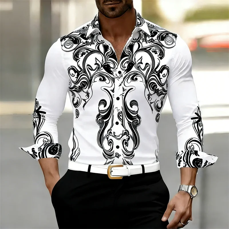 

Men's long-sleeved shirt with retro black and white art print, outdoor street style long-sleeved collared shirt, casual top.