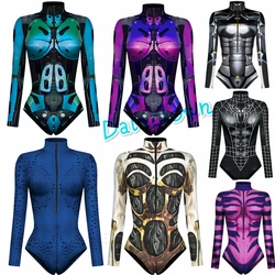 Mono de superhéroe, disfraz de Cosplay, armadura de Robot Zentai, estampado 3D, mono de manga larga con cremallera para mujer, traje de baño para fiesta de Halloween