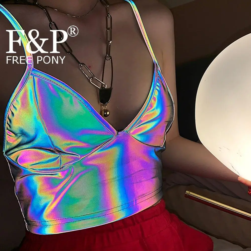 Holographic Reflective Rainbow Dancer Rave Tank Crop Top Vest Burning Man Festival Carnival Costume Gogo Pole Dance Wear Clothes