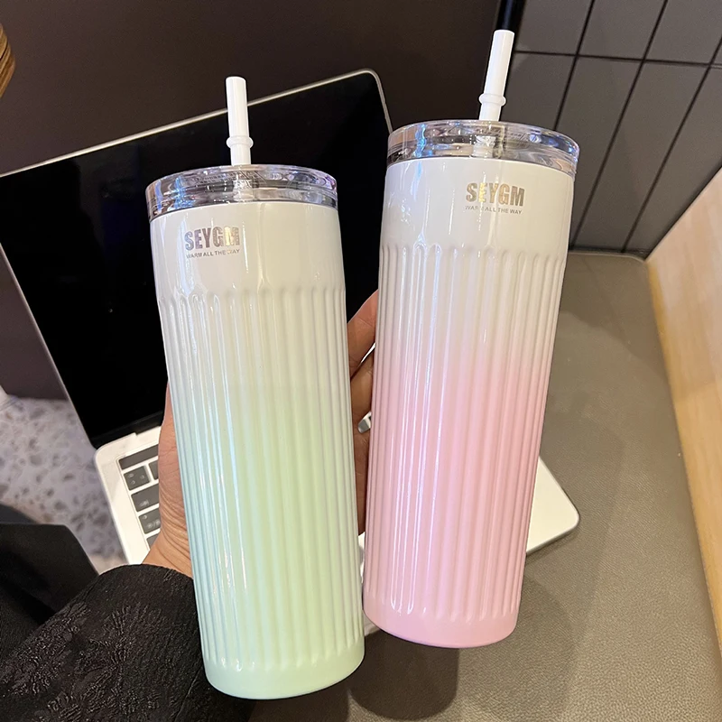 New Fashion Gradient Colour 304 Stainless Steel Thermos Bottle Portable Straw Insulation Cup Car Travel Coffee Cups Mugs 500ML