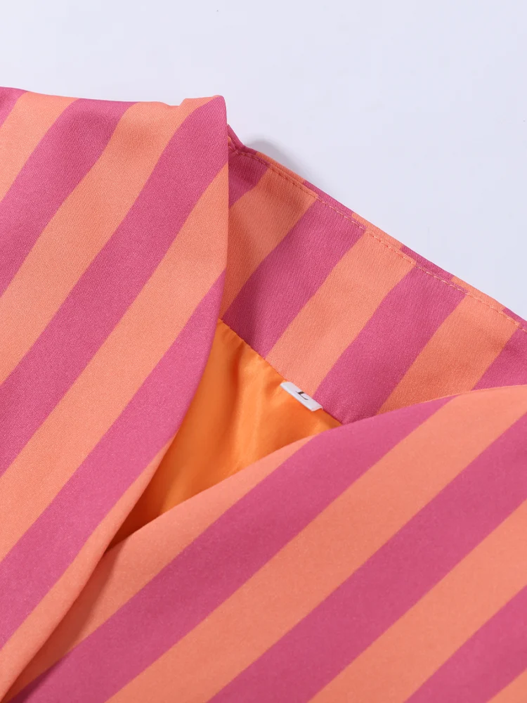 Gestreifte Kurzarm-Oberteil-Hosen-Kombination für Damen, Street-Style Einreihiges Tailliertes Oberteil mit Hochgeschnittener Hose, Modische Damen-Outfits – Detail 6