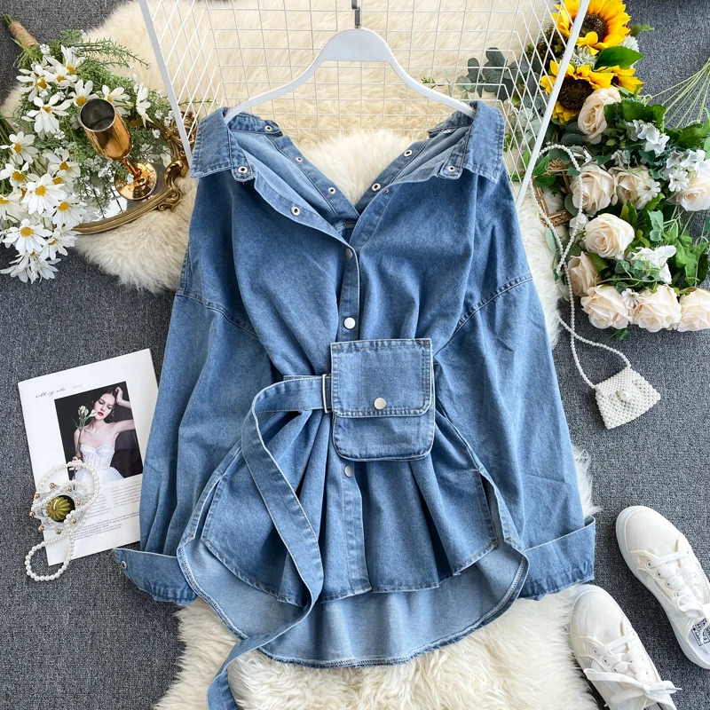 

Nice Vintage Sashes Slim Waist Jeans Coat Autumn Winter Women Denim Jacket Korean Buttons Backless Long Outerwear Plus size P399