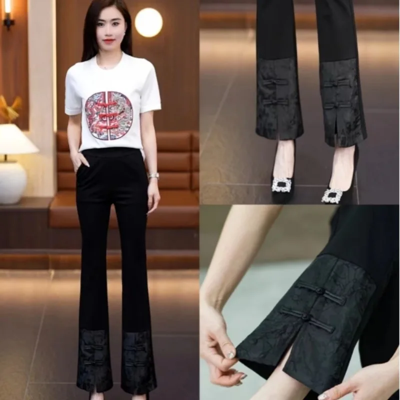 

Spring Chinese Retro Women's Buckle Stitching Casual Cropped Pants Women's Western Style Slimming Bootcut Trousers Suit Pants