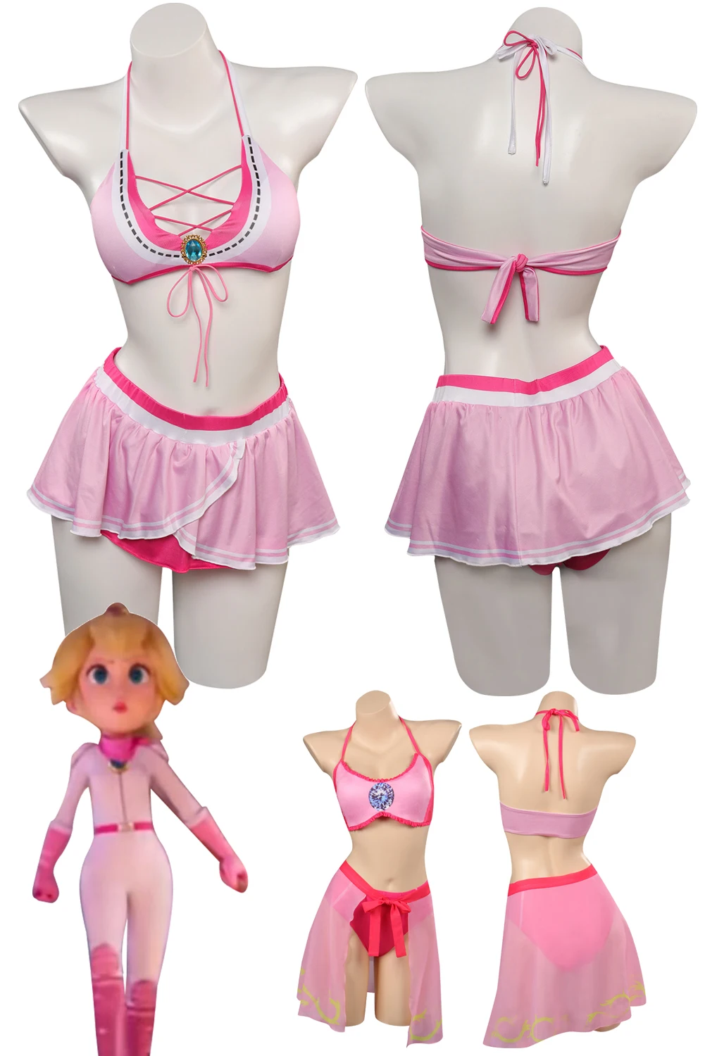 sexy princess peach lingerie Women Girl Peach Derivative Sexy Lingerie Set - Racing Suit Striped Cutout  Bodysuit with Crown Gloves Cosplay main image 1