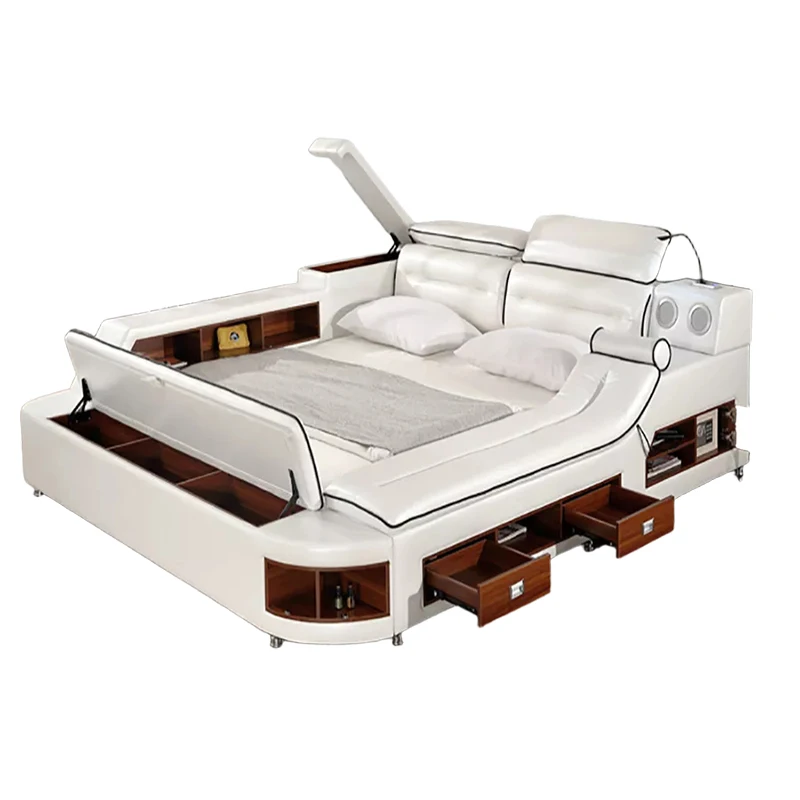 //Modern Bedroom Multifunctional Leather Upholstery Bed With Massage And Storage Design