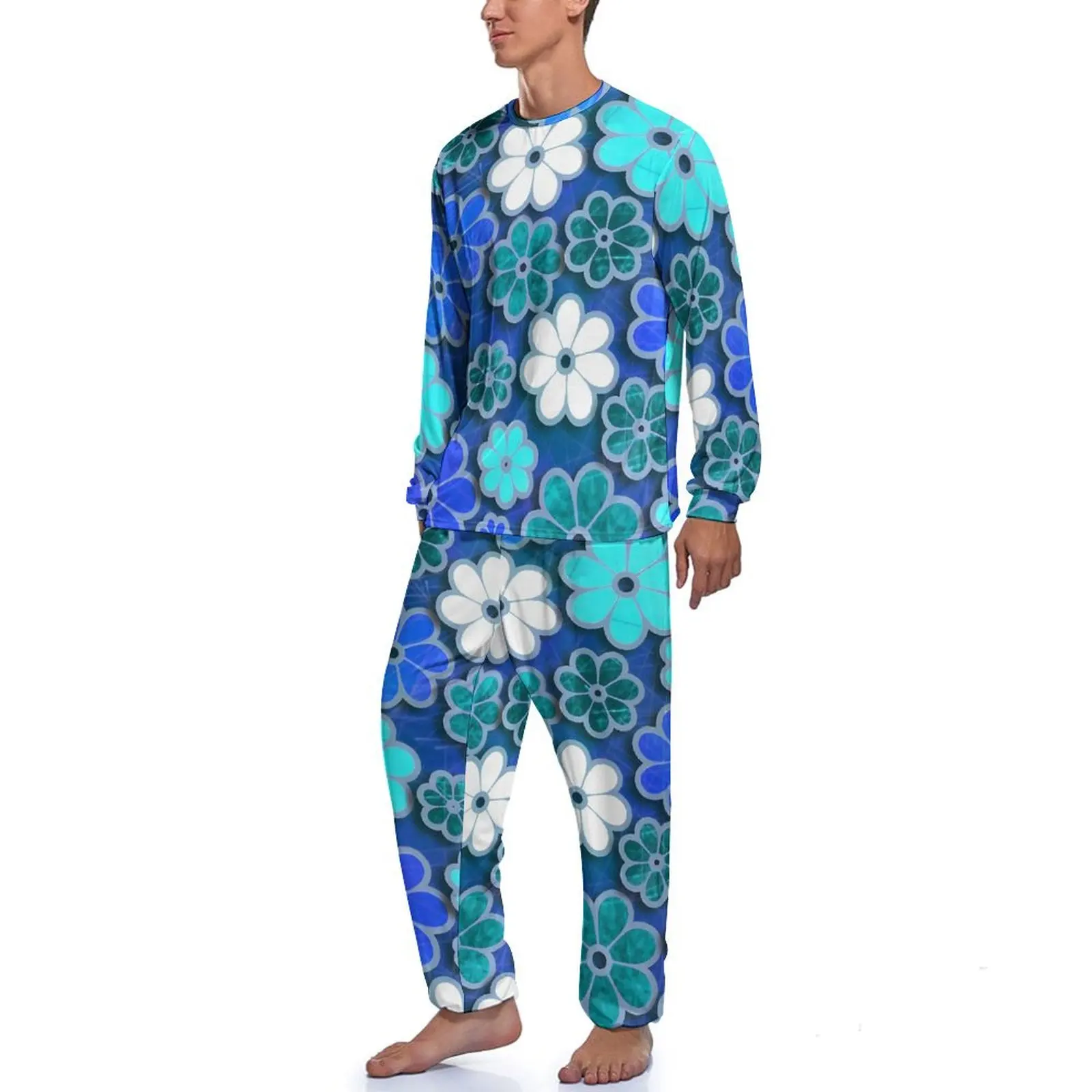 Hippie Flower Power Pajamas Male Blue Floral Soft Home Suit Daily Long Sleeve 2 Piece Night Custom Pajama Sets