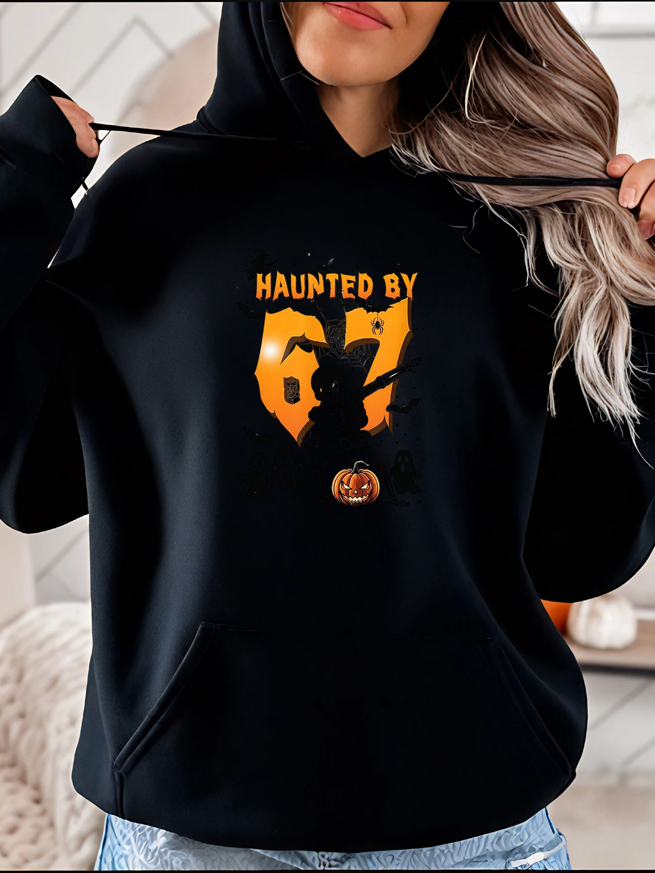 

Толстовка с капюшоном на Хэллоуин с принтом на 67, женская повседневная толстовка, жуткий костюм, праздничная одежда для женщин