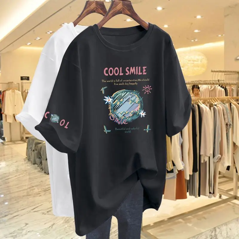 Summer Letter Hand-Painted Printing Basic T-shirt Women Fashion 100 Cotton O-neck Short Sleeve Top Tee Casual Oversized Pullover