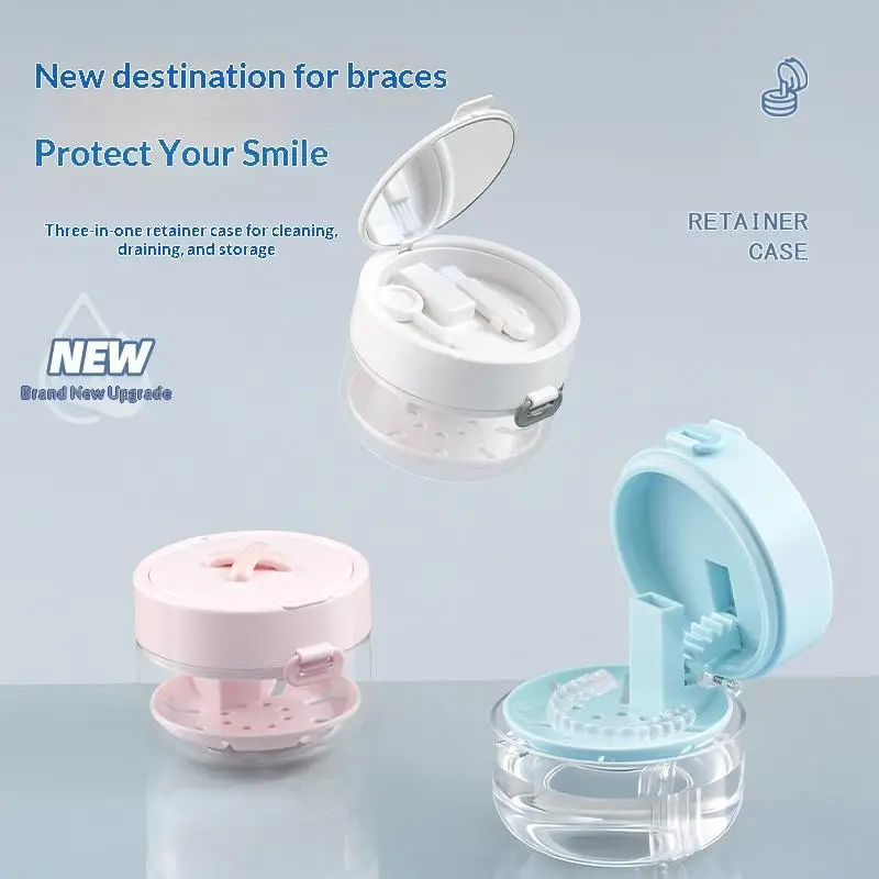 Portable 2 In 1 Multi-layer Denture Retainer Case With Clip-on Cap Cleaning Storage Box With Cleaning Brush No-Leak Oral Box