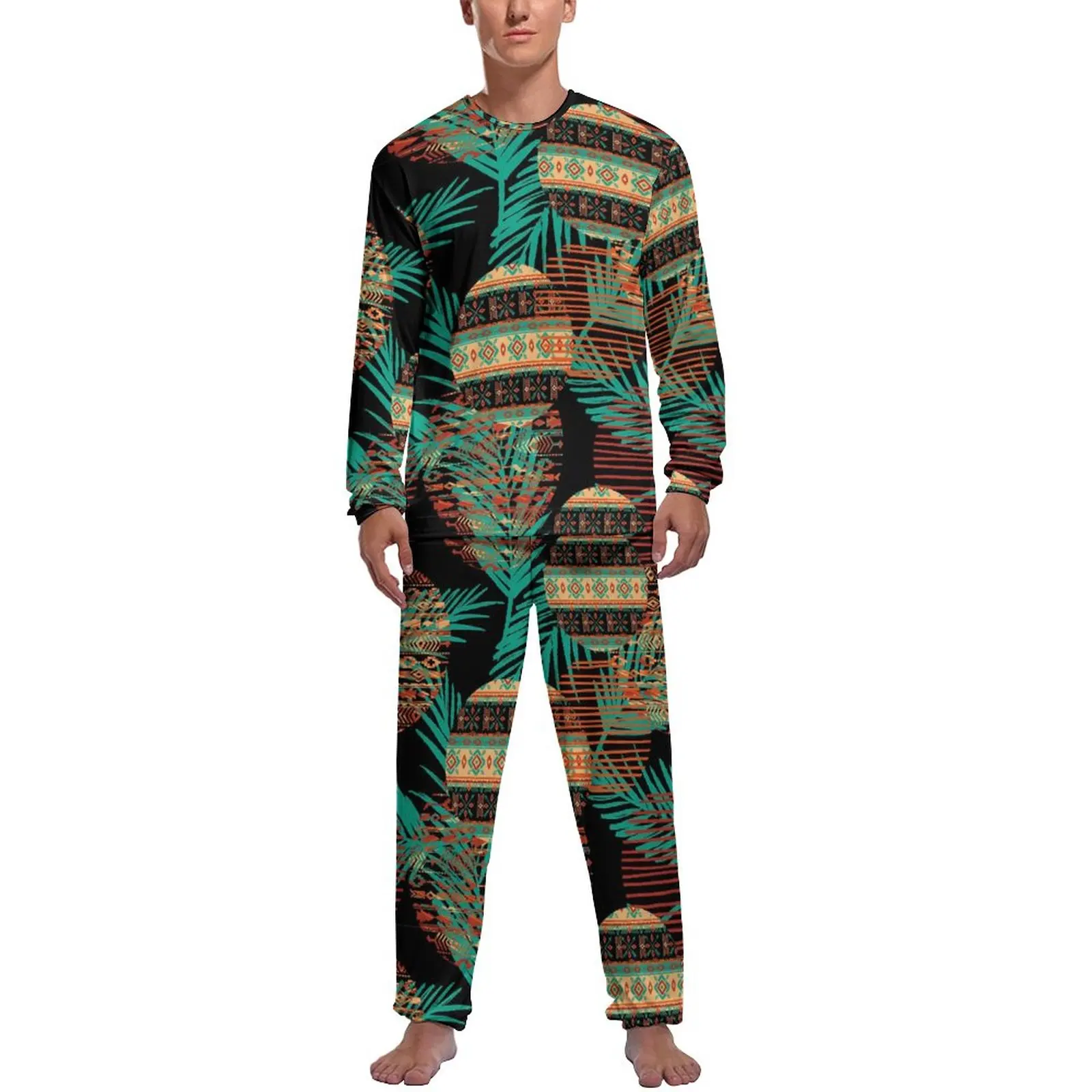 Pyjama mit Tribal-Print, Frühling, niedlich, ethnisch, Freizeit-Nachtwäsche, Herren, 2-teilig, individuelles, langärmliges, elegantes Pyjama-Set