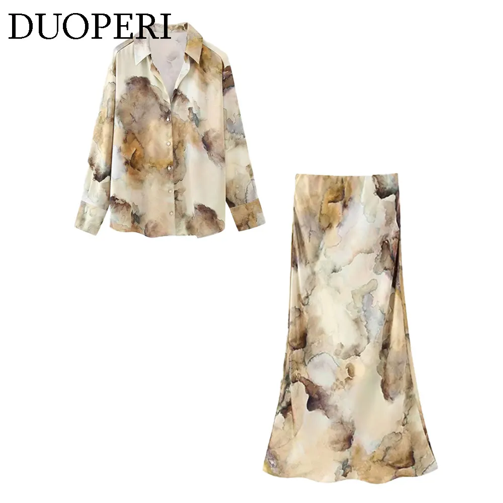 DUOPERI Women Fashion Tie Dye Printed Satin Blouse Midi Skirt Sets Chic Lady Casual Blouse and Skirt Coordinates