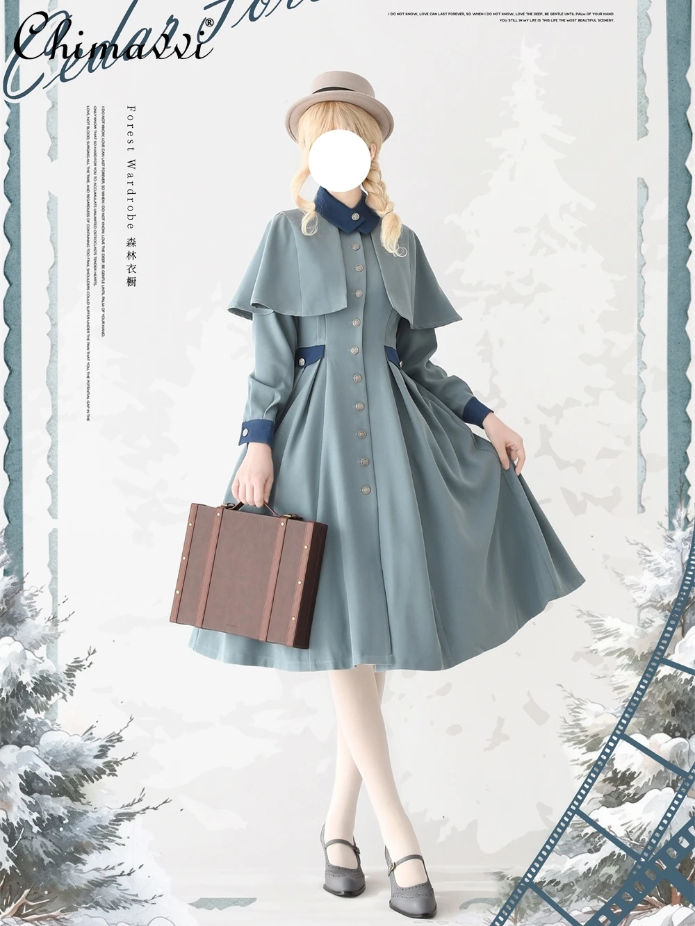 Original Elegant Ladies Trench Dress Classical Autumn Winter Fashion Lolita Style Single-breasted Dress with Detchable Cape Coat