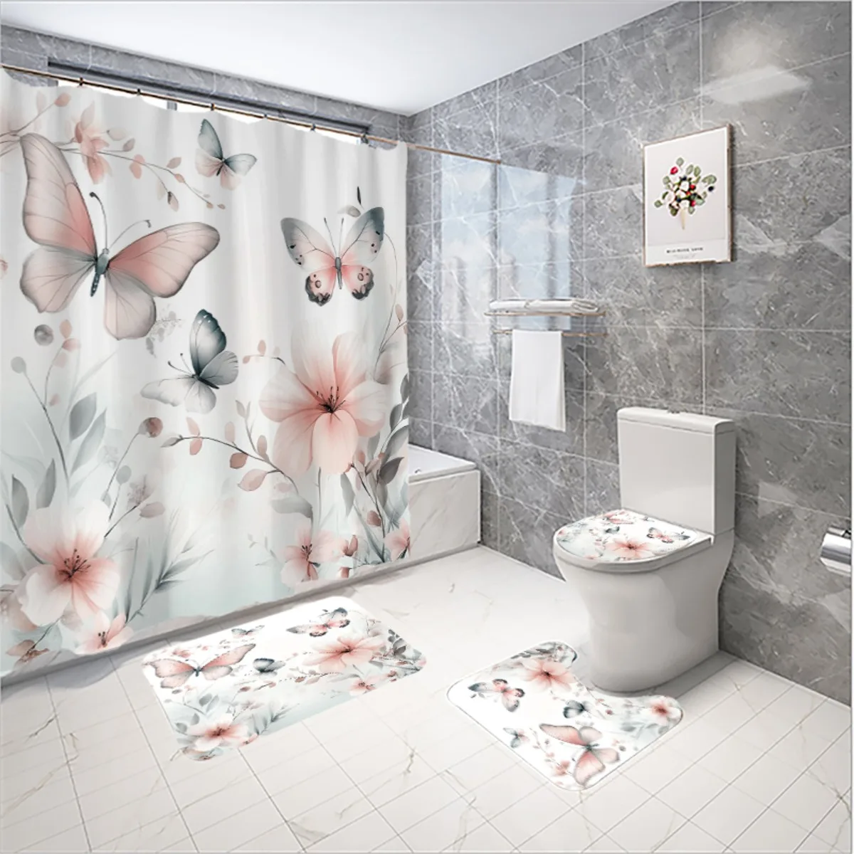 

4pc Pastel butterfly and floral bathroom set - shower curtain + rug + toilet seat, U-shaped mat, delicate floral decorations