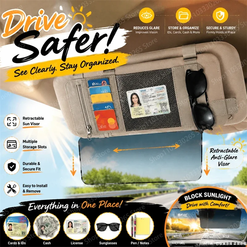 Universal Retractable Anti-Glare Car Sun Visor Storage Pouch, Multi-Function Auto Organizer Holder for Documents Eyeglasses Pen