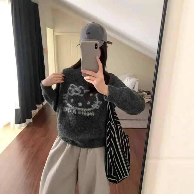 เสื้อสเวตเตอร์การ์ตูนลายคิตตี้สำหรับผู้หญิง ฤดูหนาว ลายแจ็คการ์ด ทรงโอเวอร์ไซส์ สีครีม สไตล์วินเทจ เนื้อผ้านุ่มสบาย แฟชั่น