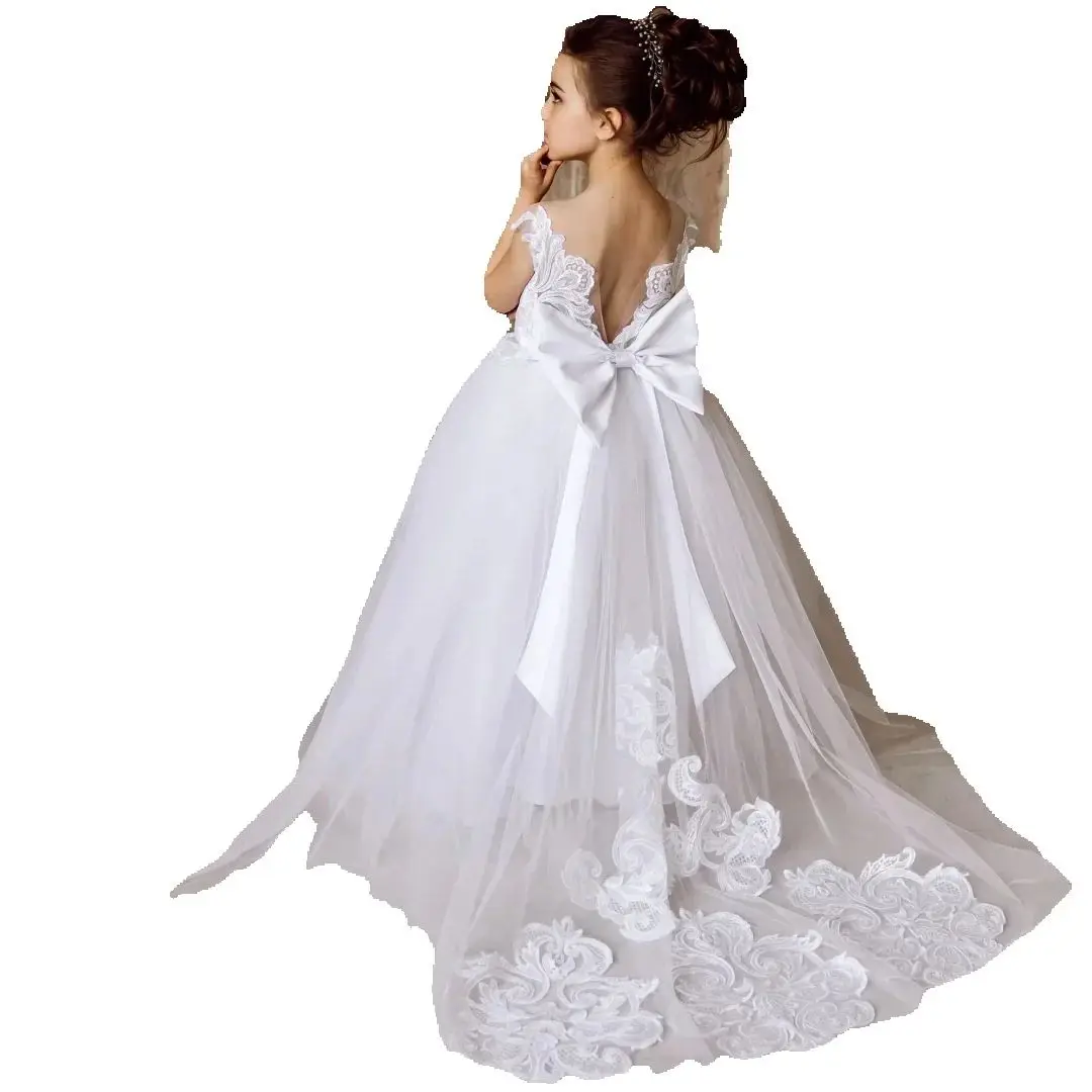 Customized Wedding Birthday White Flower Girl Dress Floral Appliques With Bow Sleeveless For Party Prom Holy Communion Gown