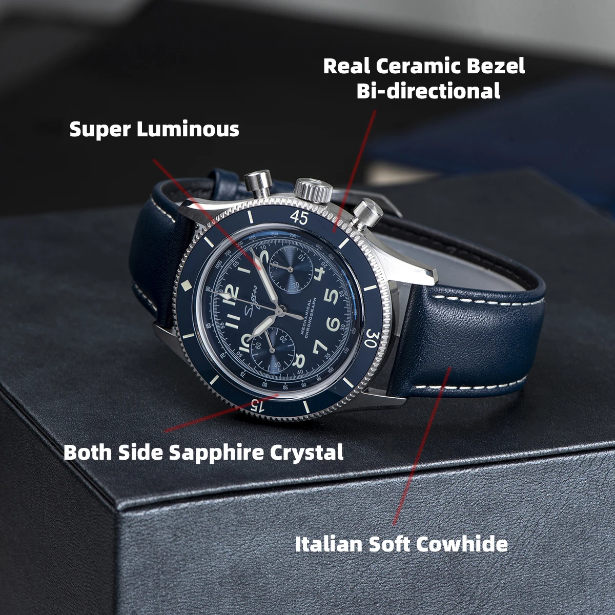 Sugess-Reloj de pulsera mecánico para hombre, cronógrafo con esqueleto luminoso, cristal, zafiro, cuero, 2022