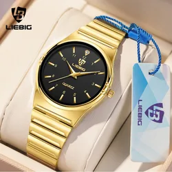 LIEBIG-Reloj analógico de acero inoxidable para Hombre, accesorio de pulsera resistente al agua con movimiento de cuarzo japonés, complemento masculino de marca de lujo disponible en color dorado, incluye 3 barras