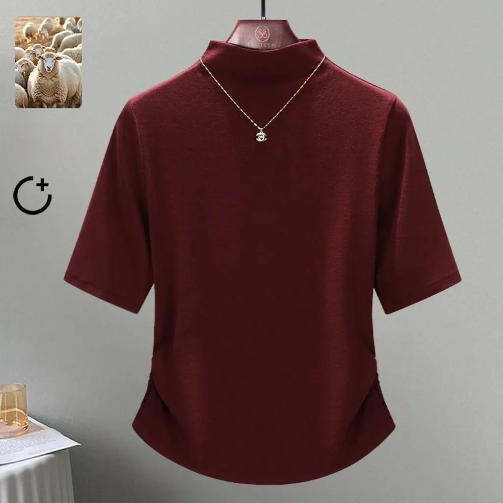 

Women's Sheep Wool Three-Quarter Sleeve T-Shirt Elastic Side Pleated Half Turtleneck 1688 Top for Autumn New