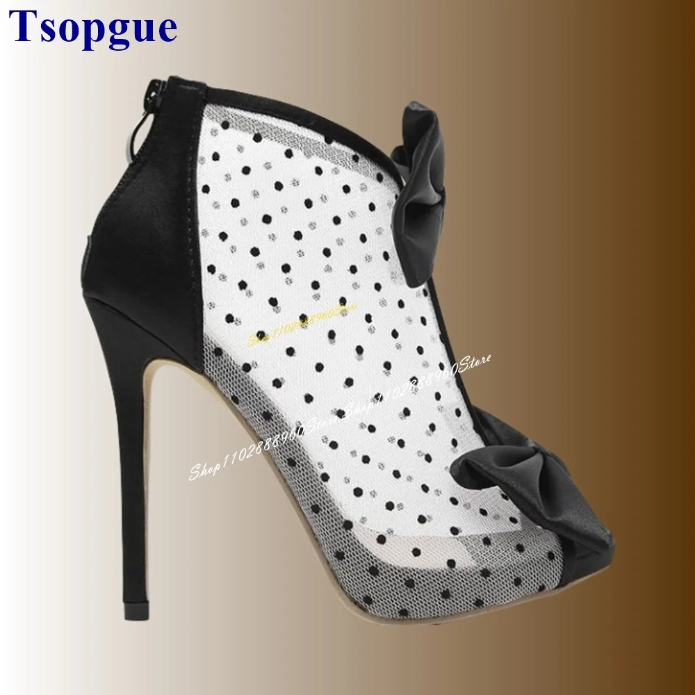 Stijlvolle Zwarte Air Mesh Dot Strik Sandalen Dunne Hoge Hak Vrouwen Schoenen Rug Rits Peep Toe 2024 Modieuze Zapatos Para Mujere